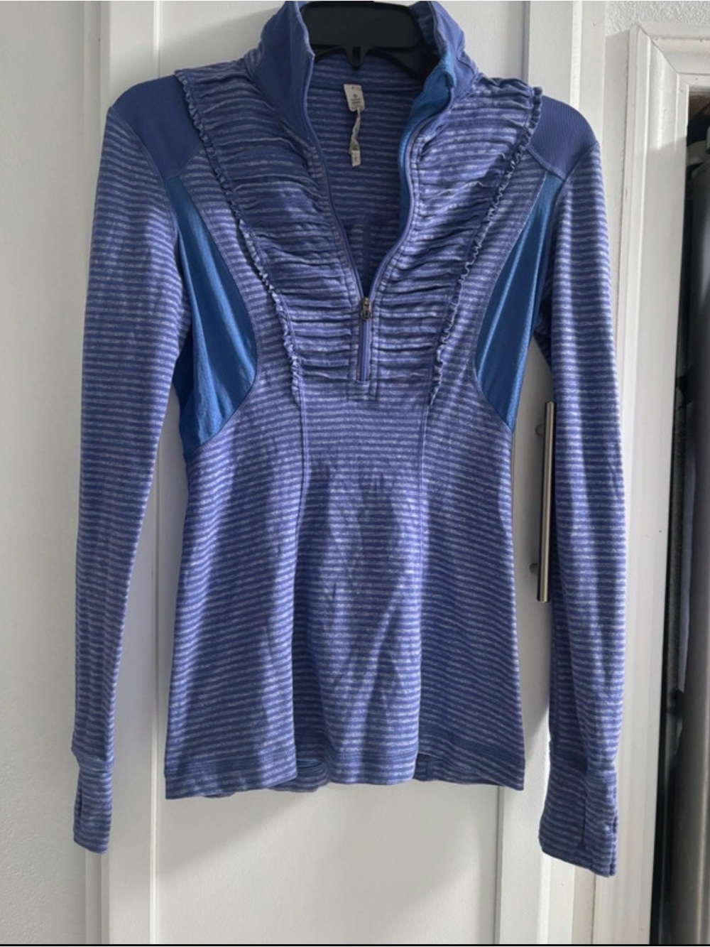 lululemon athletica Lilac and Blue Striped Half-Zip Ruffle Pullover